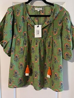 THML Green Floral Tassel Peasant Blouse with Orange Accents